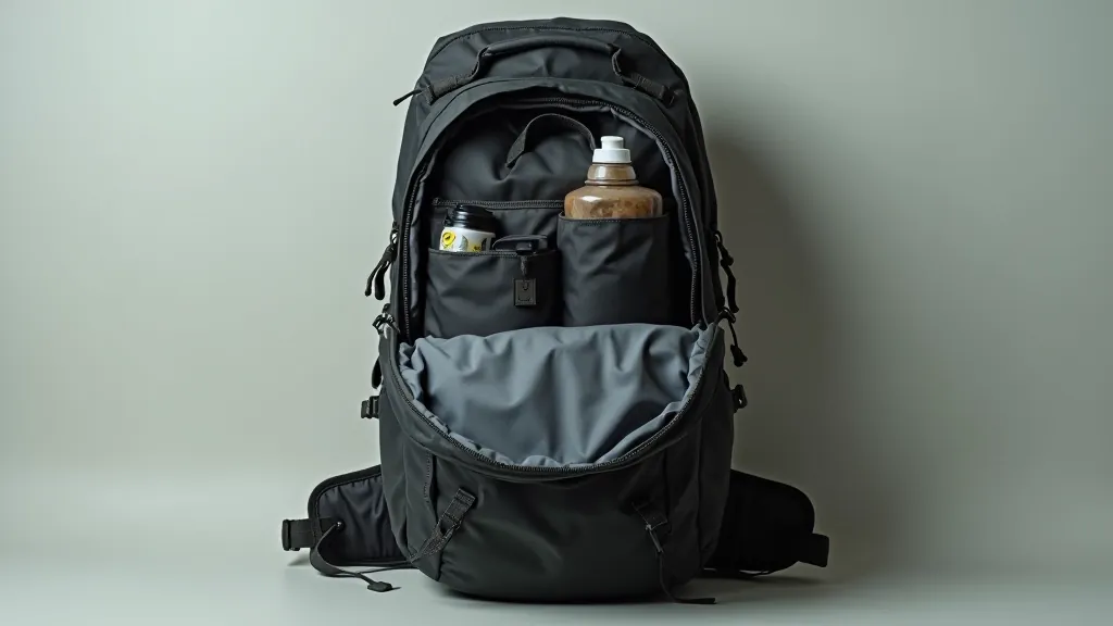 Day backpack with organized compartments, showing light packing arrangement with water bottle, snacks, and jacket visible in pockets