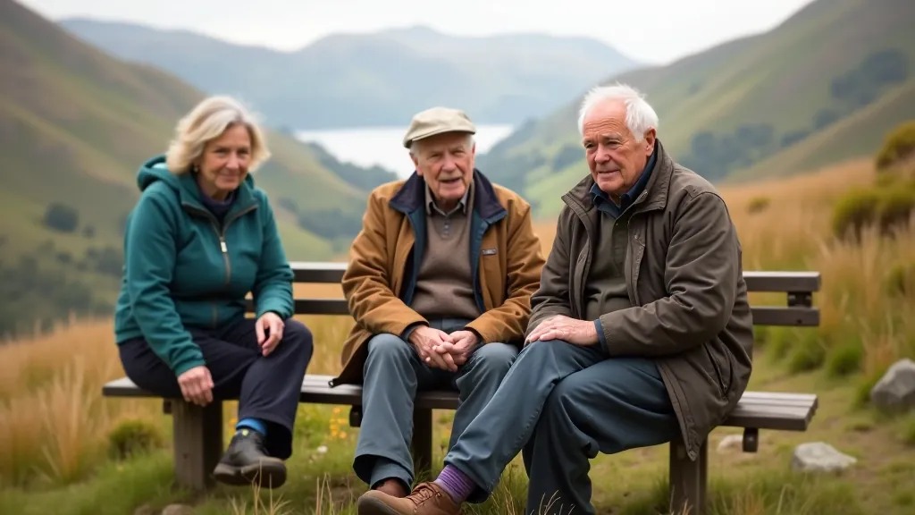 Group of older adults hiking together on mountain trail in daylight