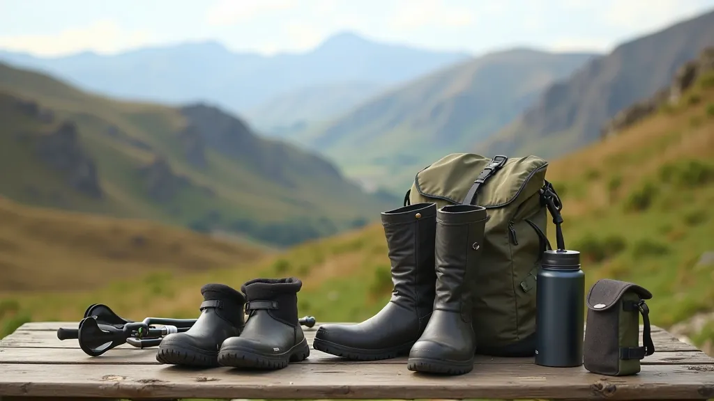 Walking poles, gaiters, and thermos arranged on hiking backpack with mountain landscape in soft focus background