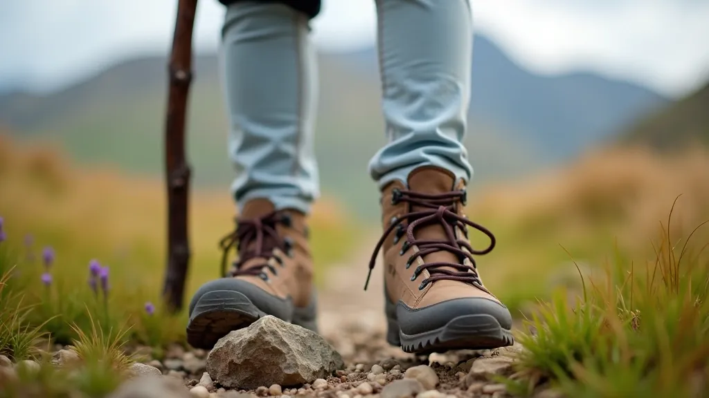 Hiking boots and walking stick on mountain trail with scenic backdrop