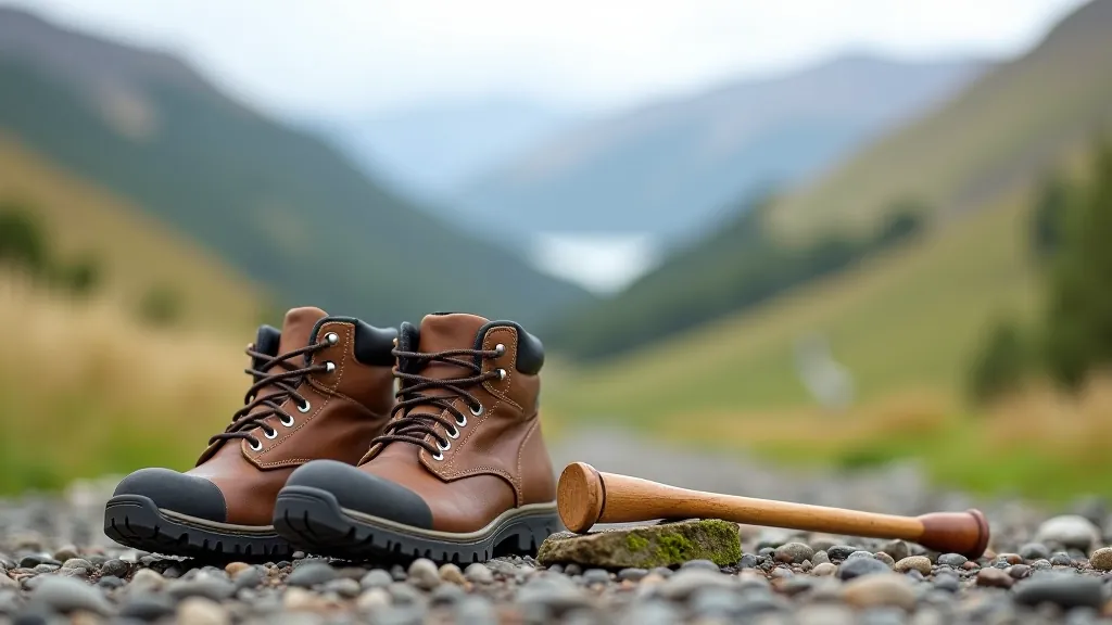 Hiking boots and walking stick leaning against outdoor backdrop with blurred green hills