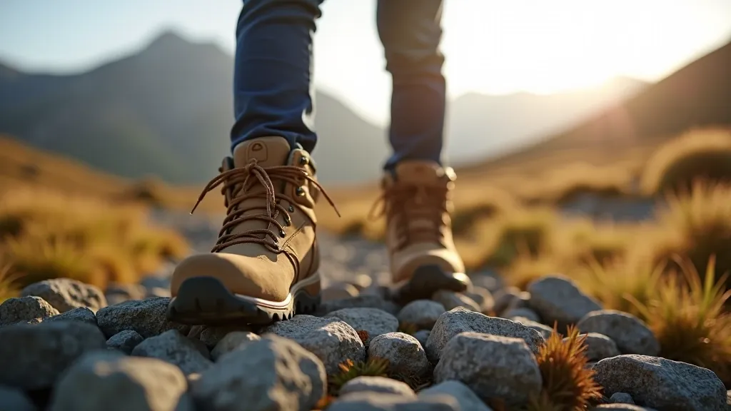 Pair of well-fitted waterproof hiking boots with ankle support on rocky mountain path with grass and mountain landscape background