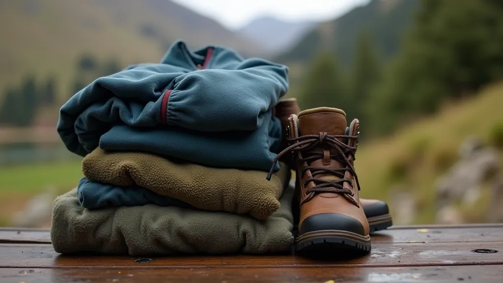 Neatly folded hiking layers including thermal base layer, fleece jacket, and waterproof rain jacket displayed on wooden table with boots nearby