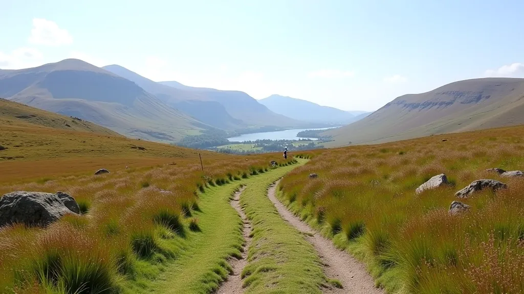 Mountain hiking trail with green hillsides and distant purple-hued peaks on a clear sunny day