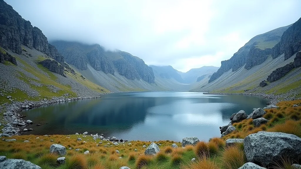 Scenic mountain lake surrounded by rocky cliff faces and alpine vegetation, clear water reflecting mountain peaks