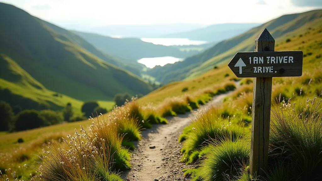 Scenic mountain trail with clear markers and blue waypoints, winding through green valley with lake visible in distance