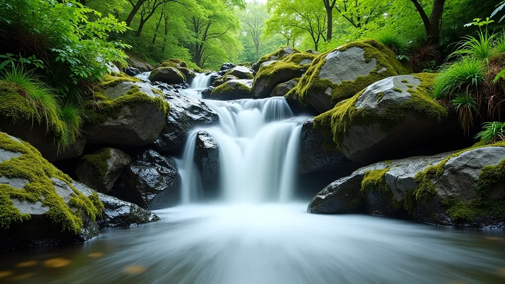 Waterfall cascading down rocky cliff face surrounded by moss-covered boulders and green vegetation