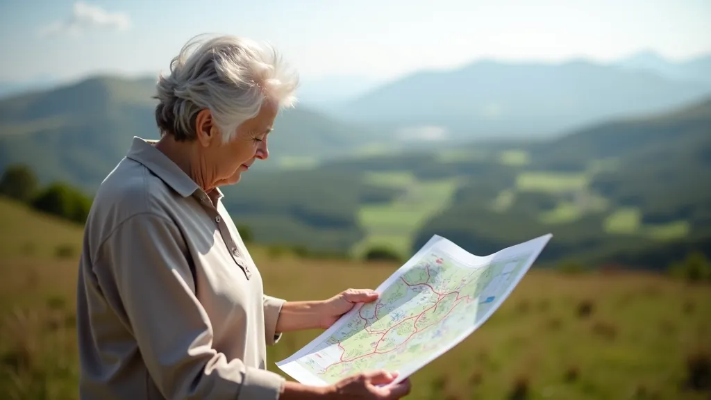 Person studying hiking map on mountain viewpoint