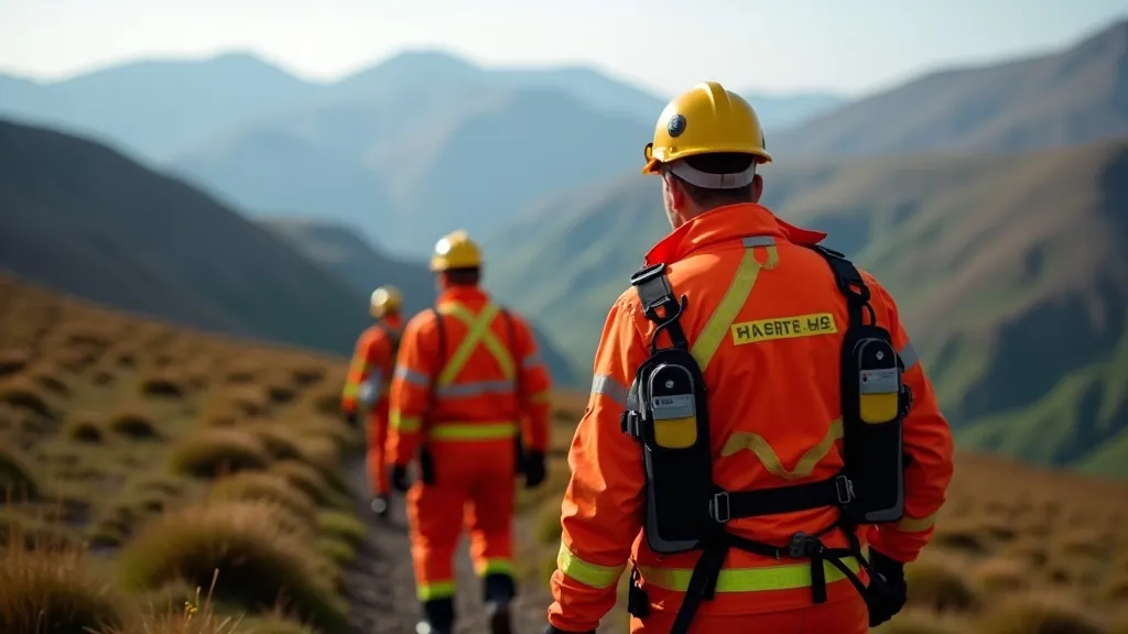 Mountain rescue team members in high-visibility gear with emergency equipment on an upland trail