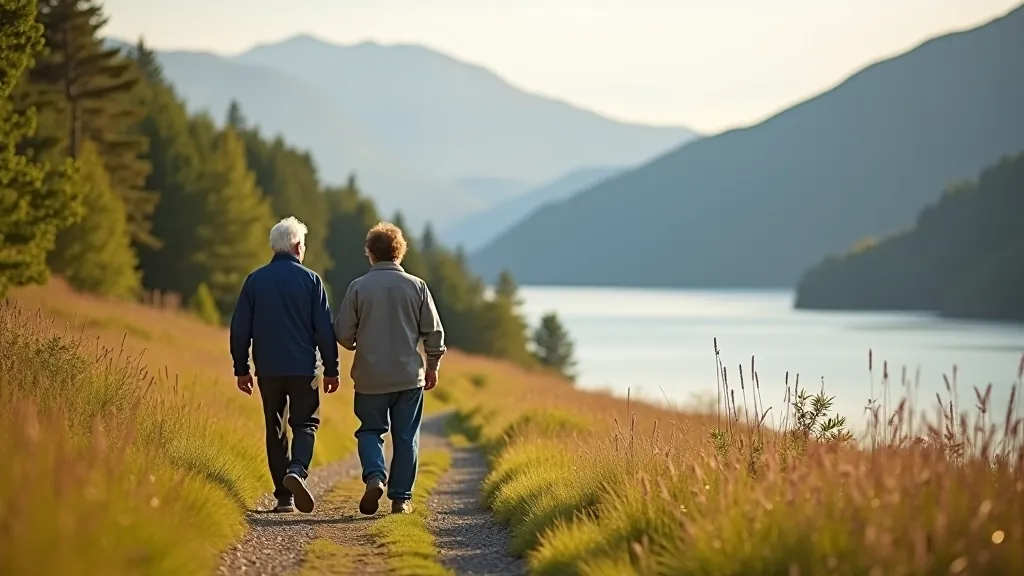 Older walkers enjoying a peaceful mountain trail beside a lake