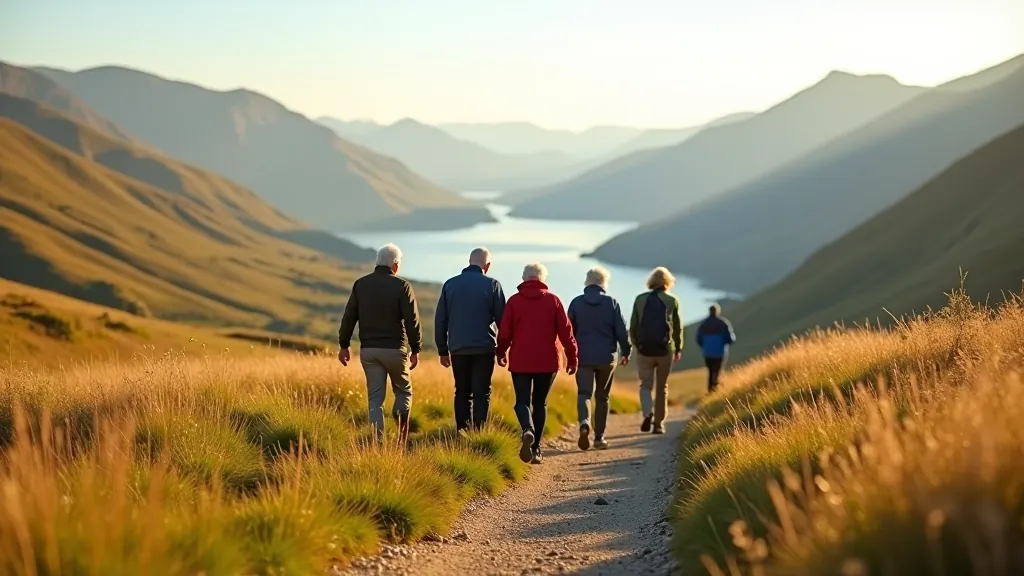 Guided group walking on mountain path