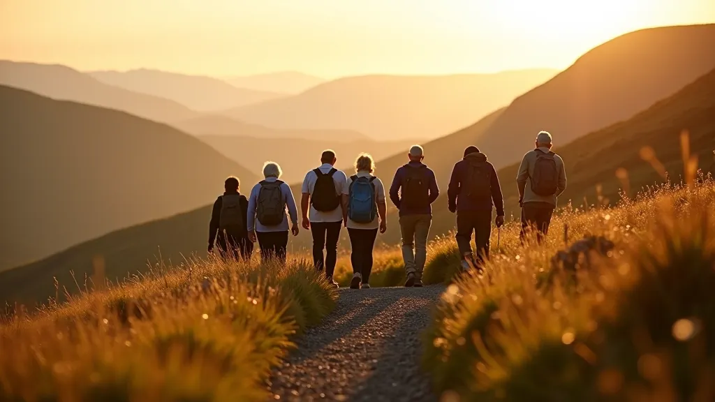 Small group of walkers on mountain ridge path