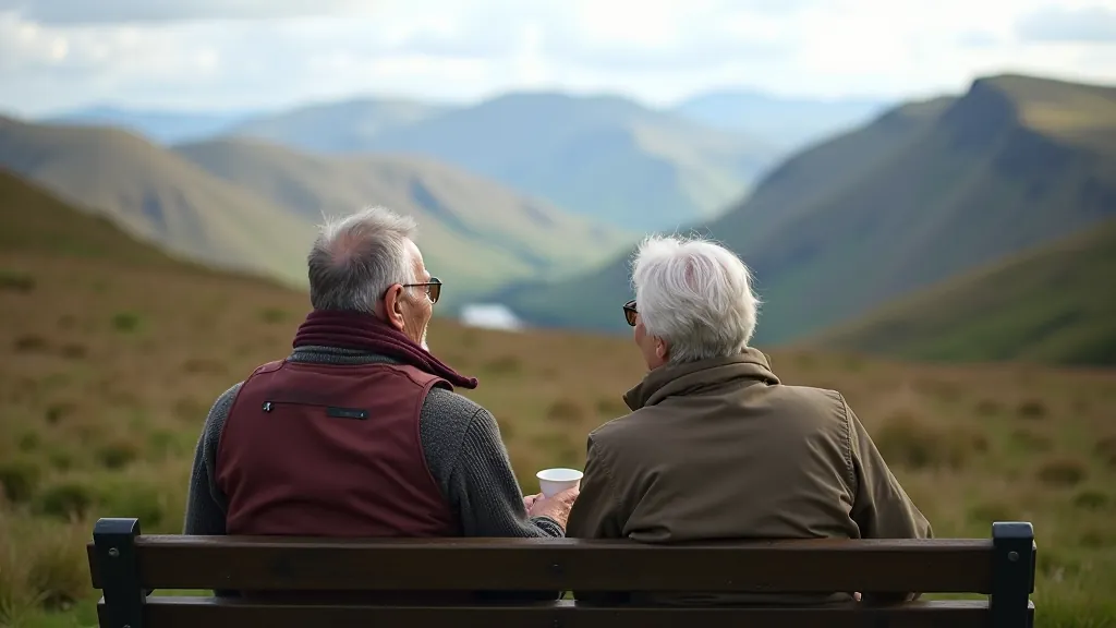 Two walkers enjoying tea at scenic mountain rest stop