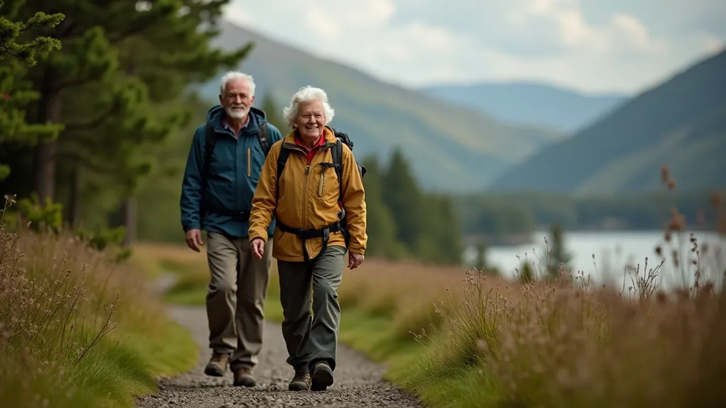 Senior hikers enjoying mountain lake views, walking together on a peaceful forest path