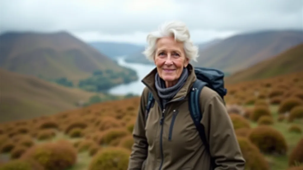 Senior woman hiking on mountain trail wearing proper layers and walking gear, mountain landscape behind her