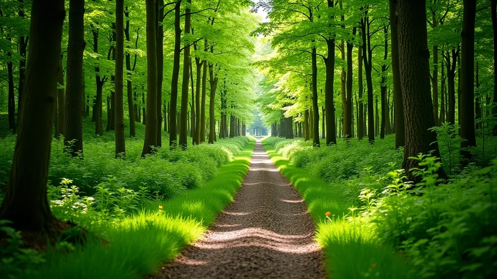 Forest path with dappled sunlight filtering through tall trees creating peaceful woodland atmosphere
